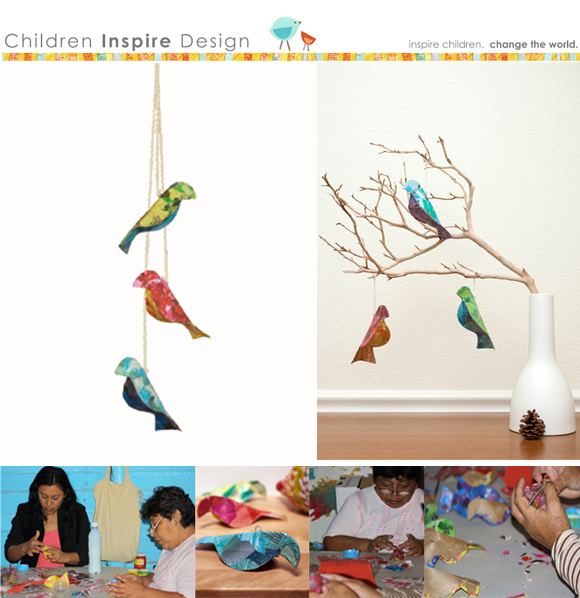 children inspired design, bird mobiles, recycled paper mobile, corporate responsibility