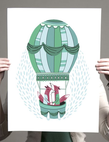 up up and away print, art print by small talk studio, fox art, foxes and hot air balloon