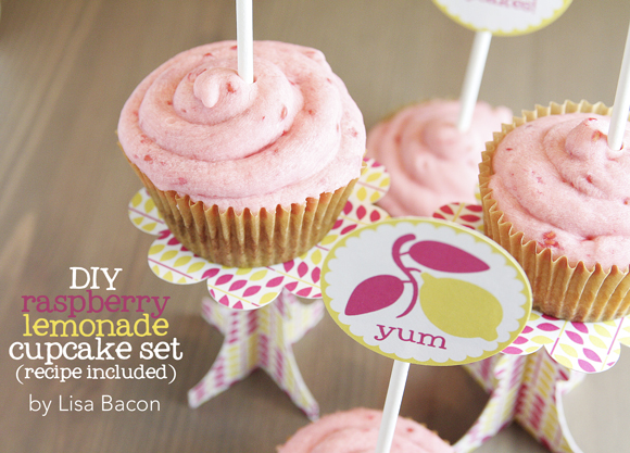 lemon raspberry cupcakes, moxie pear, cupcake stand printable, printable cupcake toppers