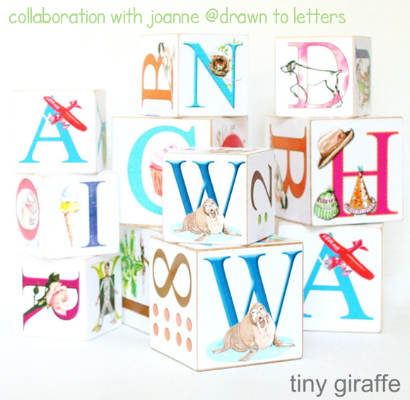 tiny giraffe, amy mcgrath, handmade wooden blocks, drawn to letters