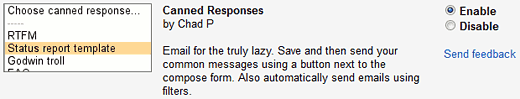 Gmail Labs "canned responses" feature